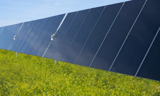 Tablica paneli słonecznych absorbująca światło słoneczne w celu generowania czystej energii. Zaawansowana technologia fotowoltaiczna wykorzystująca moc słonca i wiatru.