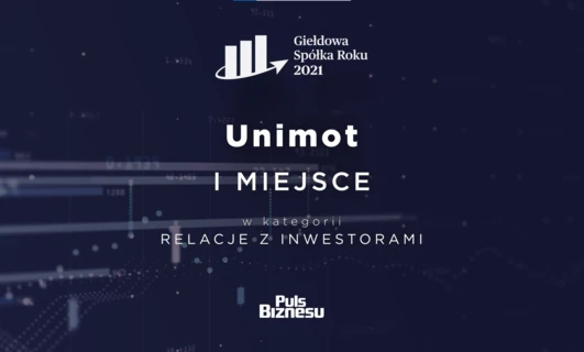 Projekt graficzny i zrzut ekranu reklamy przedstawiający Font Design Graphics. Firma nagrodzona Unimot została uznana jako Spółka Roku 2021 przez Puls Biznesu.