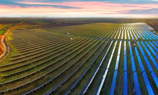 Widok z lotu ptaka na nasłonecznione pole uprawne z panelami fotowoltaicznymi, demonstrujący zrównoważone źródło energii dla plantacji. Poprawiając wzrost plonów, jednocześnie wykorzystując energię słoneczną do zasilania gospodarstwa.