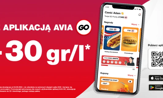 Zrzut ekranu z aplikacji AVIA GO z promocyjną ofertą na produkty fast foodowe, takie jak amerykańskie hotdogi i cheeseburgery. Pobierz aplikację, aby skorzystać z rabatów na paliwo i darmowej kawy przy każdym zakupie. Oferta ważna tylko dla nowych użytkowników.