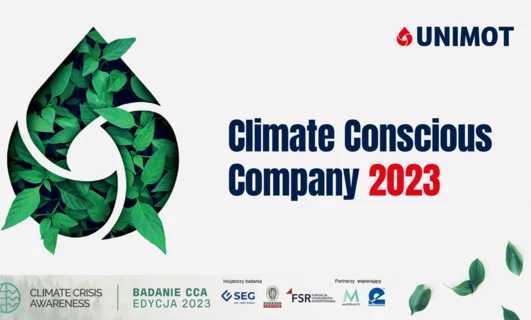 Logo of UNIMOT, a climate-conscious company supporting climate crisis awareness in 2023. Partners include Bureau Veritas and Nove de Julho University.