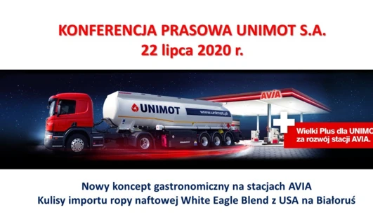 Konferencja prasowa UNIMOT S.A. 22 lipca 2020 r., zapowiadająca nową koncepcję gastronomiczną na stacjach AVIA oraz import oleju White Eagle Blend z USA do Białorusi. Pojazd dostawczy i ciężarowy do transportu towarów.