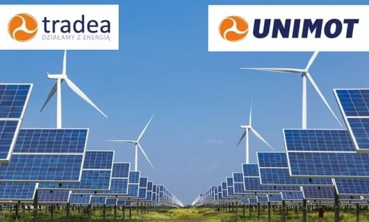 Nowoczesna turbina wiatrowa generująca czystą energię na farmie wiatrowej. Zrównoważona technologia dostarczająca energię słoneczną. Zaangażowanie UNIMOT w energię odnawialną.