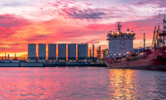 A dusk view of a ship at port, a watercraft used for freight transport. Naval architecture meets machine in this transport on the waterway.