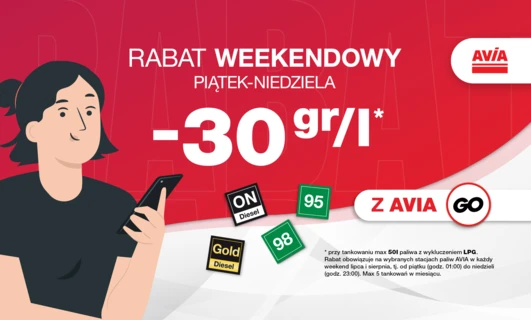 PROMOCJA WAKACYJNA Rabat Weekendowy -30gr/l z aplikacją AVIA GO