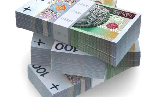 Image of Polish currency notes arranged in a triangle with various denominations including 100, 33, and 10000 złotych. Text reads "STO ZŁOTYCH" and "OOF" among others.