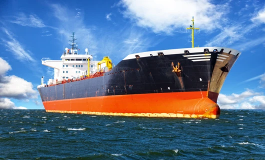 A cargo ship on the ocean, possibly an oil tanker, with naval architecture in focus. In the background, a sea freight transport vessel.