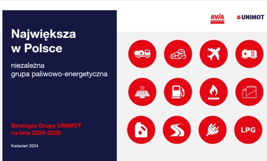 Zrzut ekranu czerwonych grafik przedstawiających największą niezależną grupę paliwowo-energetyczną w Polsce, strategię UNIMOT na lata 2024-2028. 

(Unimot) - projekt graficzny dla największej niezależnej grupy paliwowo-energetycznej w Polsce, strategii na lata 2024-2028, kwiecień 2024.