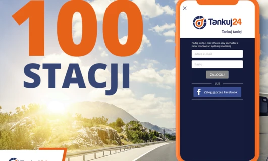 "Orange graphics showcase a fuel station app with the ability to tank up at 100 stations. Enter your email and password for full mobile app access."