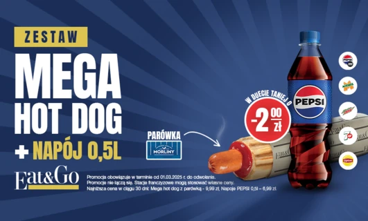 Duży hot dog z napojem taniej o 2 zł.