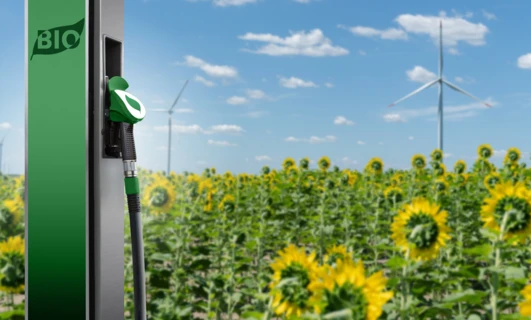 Dystrybutor biopaliwa na tle pola słoneczników i turbin wiatrowych, symbolizujący odnawialne źródła energii i zrównoważony rozwój