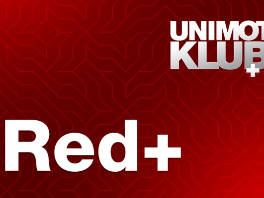 Czerwony projekt graficzny z tekstem "UNIMOT KLUB" w pogrubionej czcionce. Uwagę przyciągający i nowoczesny element projektu w kolorze czerwonym.