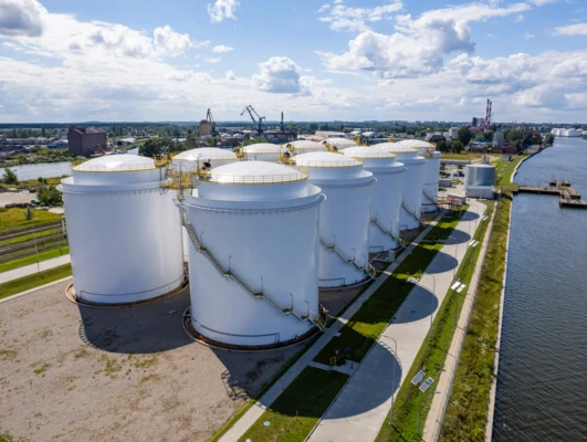 A storage tank reflecting the factory and silo in an industrial setting. Industry meets nature in this polished image.