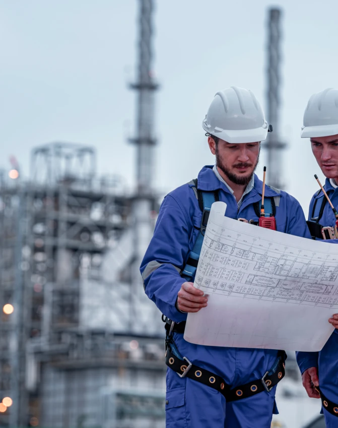 Pracownik fizyczny noszący sprzęt ochrony osobistej, w tym hełm ochronny i odzież roboczą podczas pracy na placu budowy. Inżynier w kasku sprawdza kołnierzyk pracownika budowlanego.