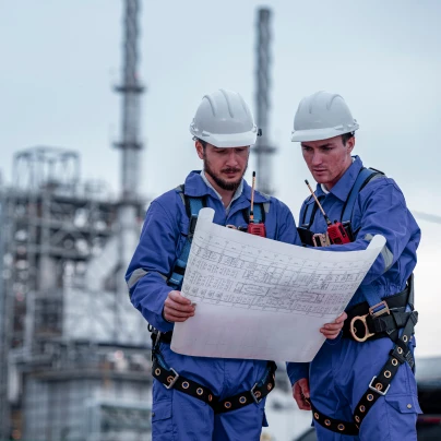 Robot budowlany noszący kask ochronny i osobistą odzież ochronną na placu budowy. Kluczowy sprzęt bezpieczeństwa dla inżynierów i rzemieślników.